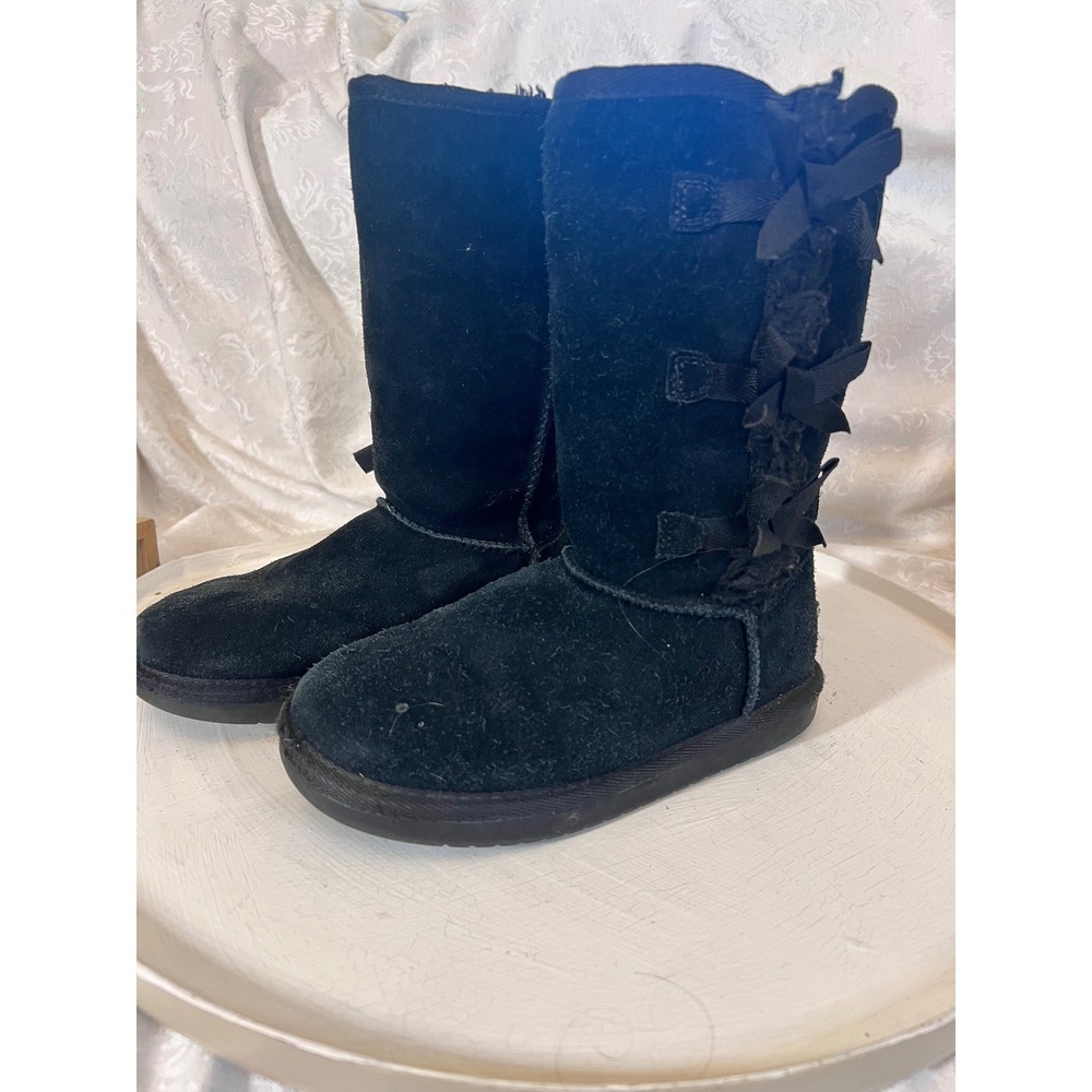 Koolaburra by UGG Victoria Black Suede Triple Bow Boots Kids Size 2 1020171